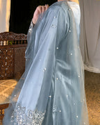 A light blue satin and organza traditional outfit with silver mirror work embroidery and pearl embellishments, shown on a model in an indoor setting.