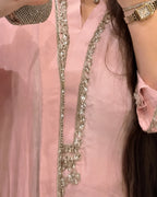 A close-up of a light pink traditional outfit with ornate silver and crystal embellishments along the neckline and front opening. A person is wearing a rhinestone-embellished clutch and a gold-tone watch, with long dark hair visible.
