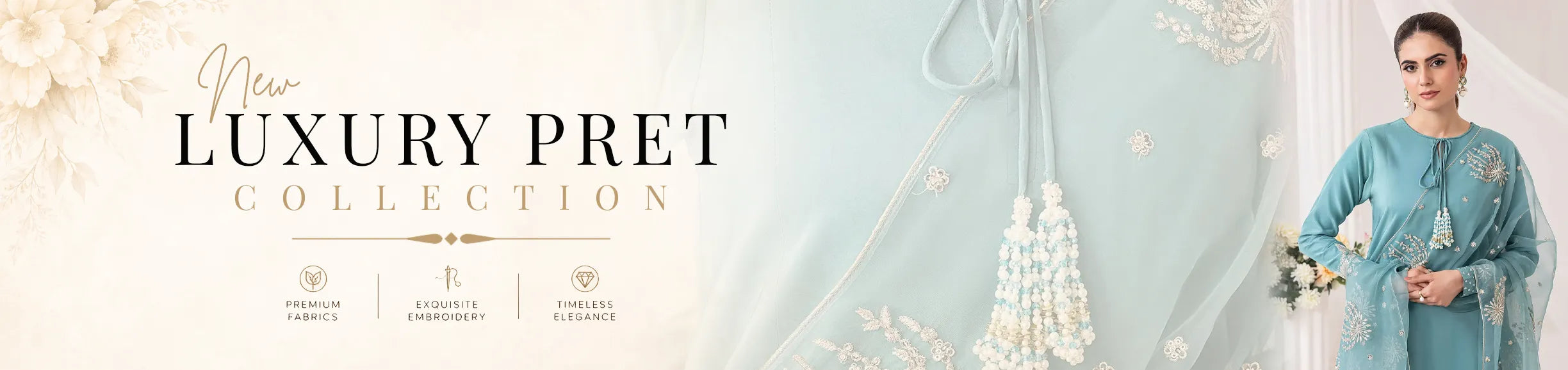 Advertisement for Luxury Pret Collection with a woman in a light blue dress against a soft pink background.