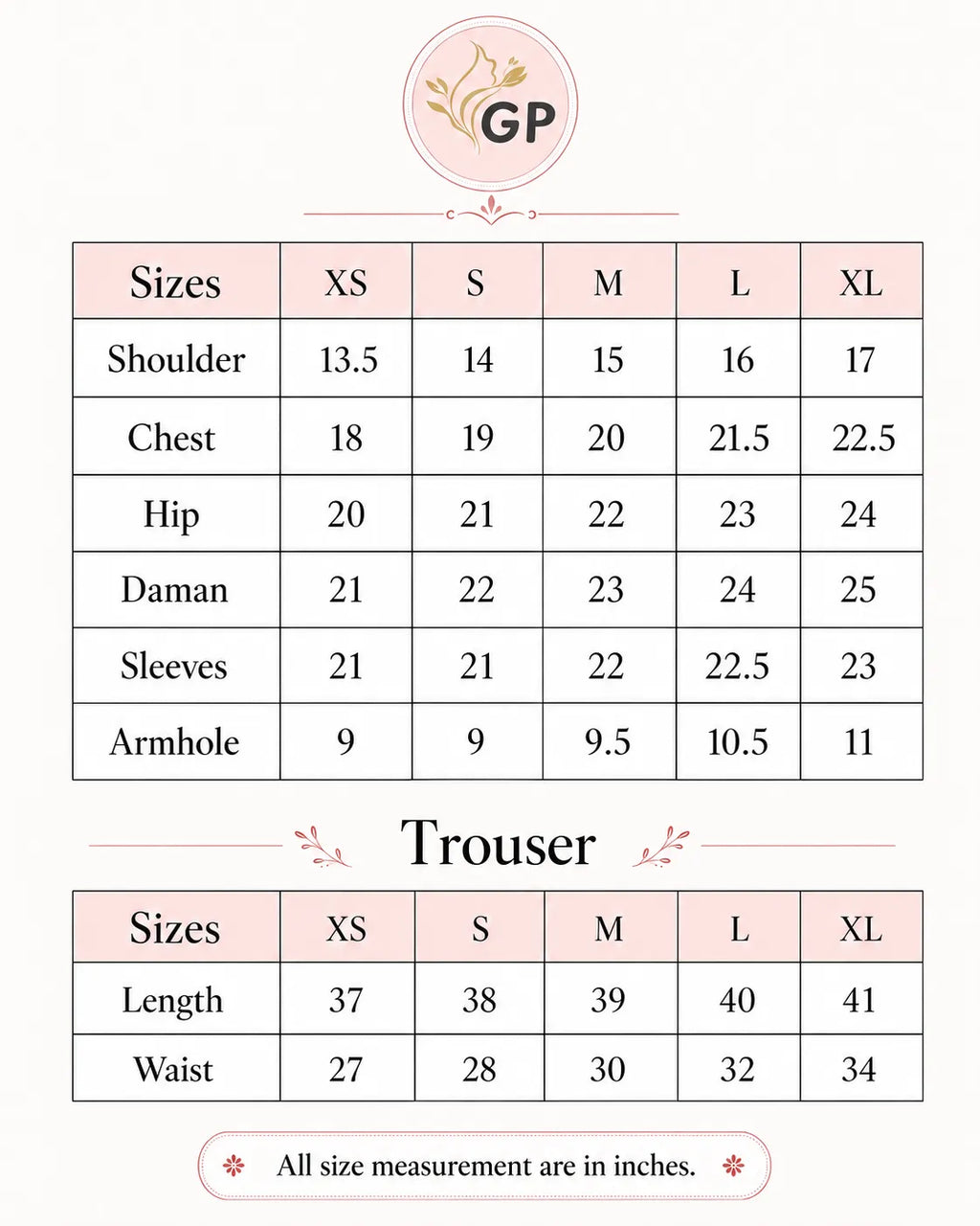 A size chart graphic for GP Trouser, showing measurements in inches for sizes XS through XL in a table format with columns for Shoulder, Chest, Hip, Daman, Sleeves, and Armhole.