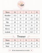 A size chart graphic for GP Trouser, showing measurements in inches for sizes XS through XL in a table format with columns for Shoulder, Chest, Hip, Daman, Sleeves, and Armhole.