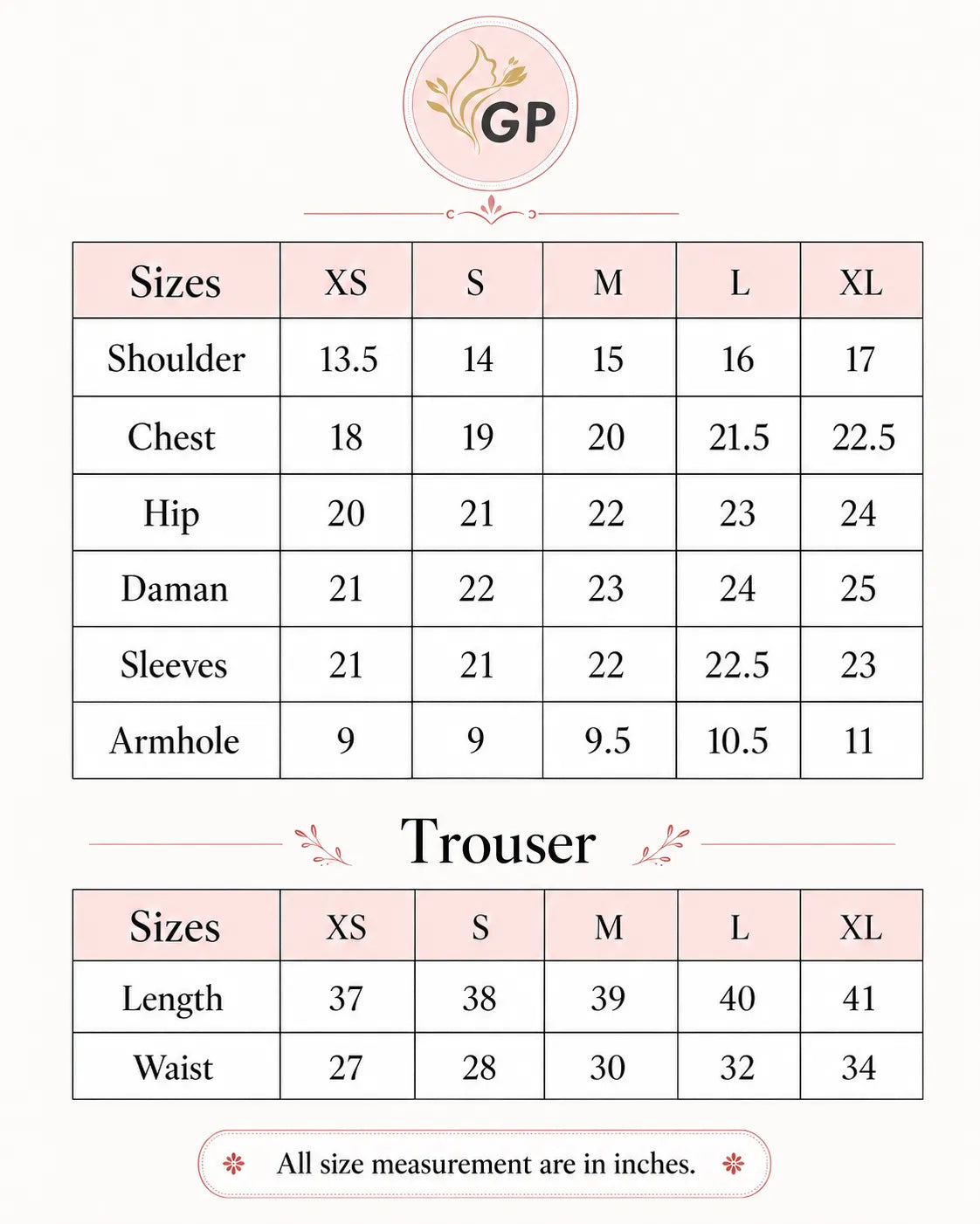 A size chart graphic for GP Trouser, showing measurements in inches for sizes XS through XL in a table format with columns for Shoulder, Chest, Hip, Daman, Sleeves, and Armhole.