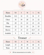 Size chart for shirts and trousers with measurements in inches, branded 'GP'.
