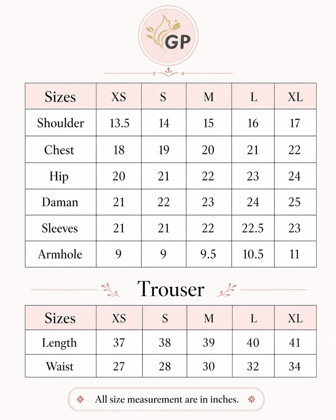 Size chart for shirts and trousers with measurements in inches, branded 'GP'.
