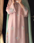 Pink embroidered dress with green dupatta against a dark background